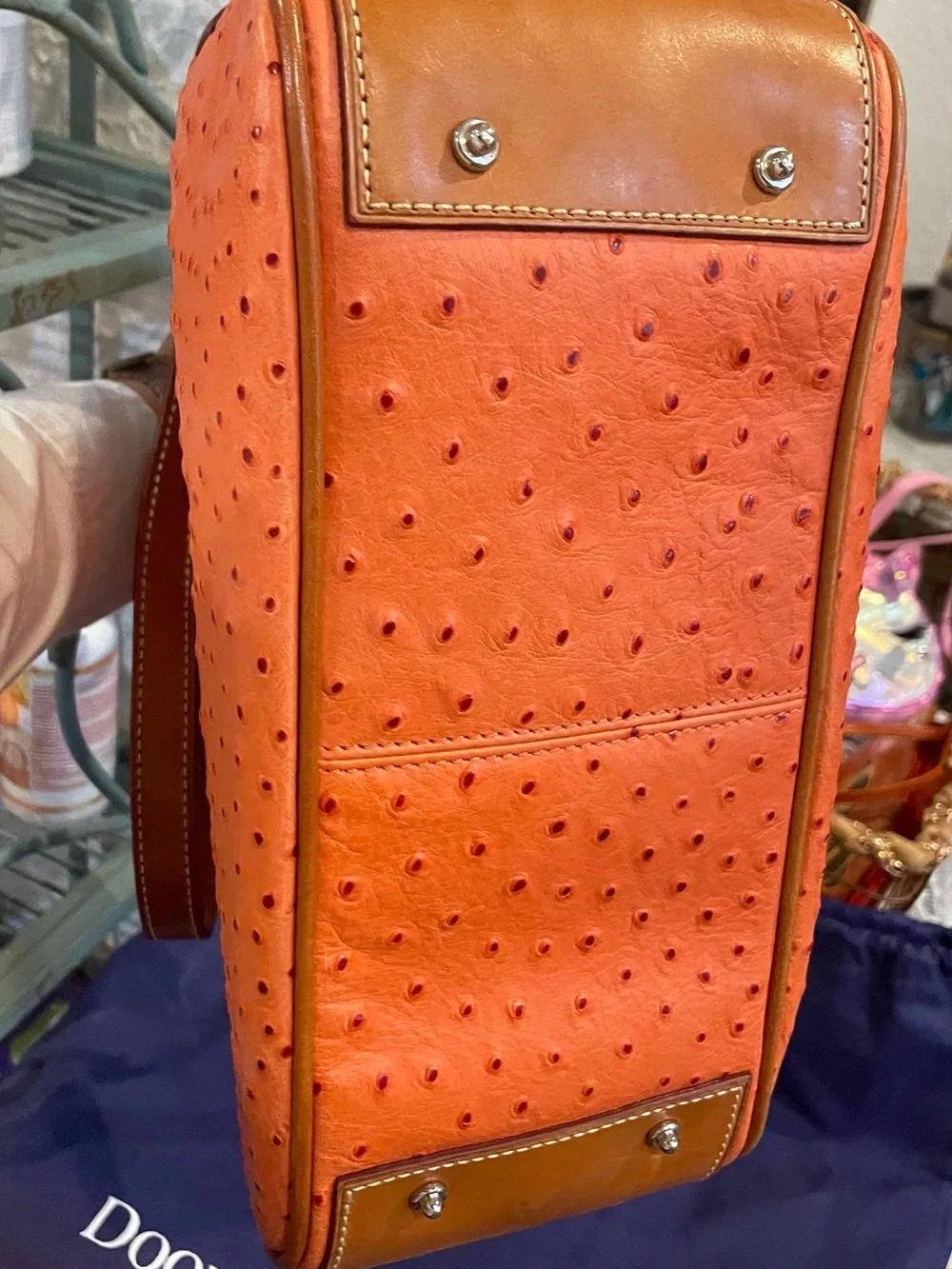 Dooney & Bourke Orange Ostrich-Embossed Leather Satchel with Tan Trim